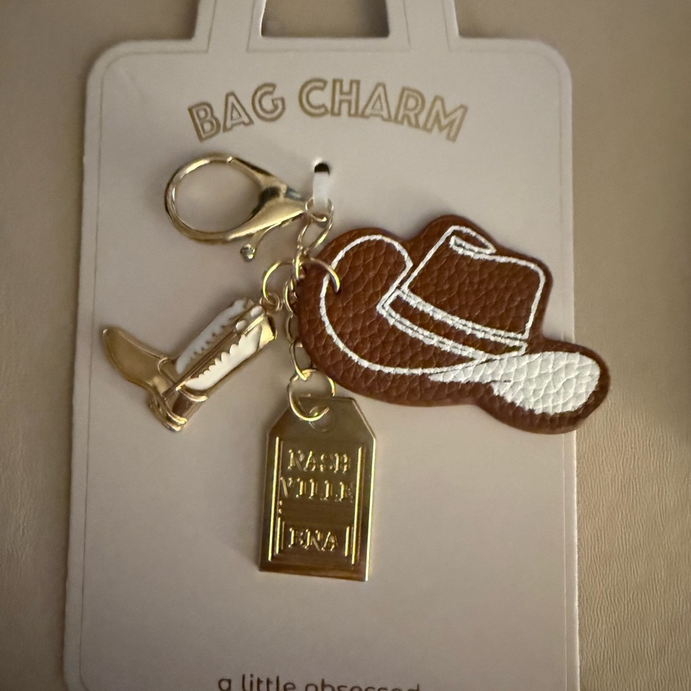 A little Obsessed Bag Charm Brown and White Cowboy Hat, Gold boot, Nashville